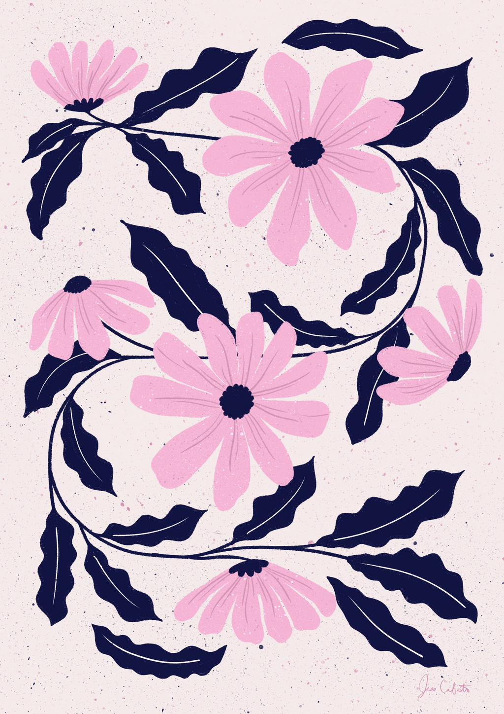 Pink flowers with dark blue leaves on a light pink background