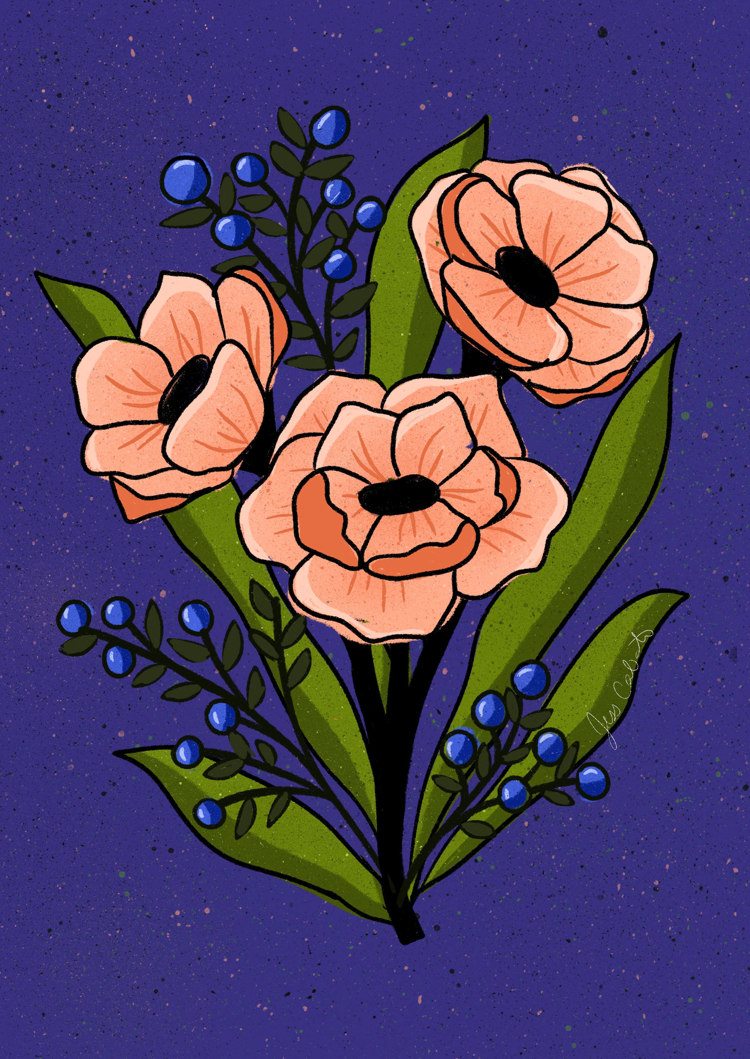 Pink floral art on a dark blue background
