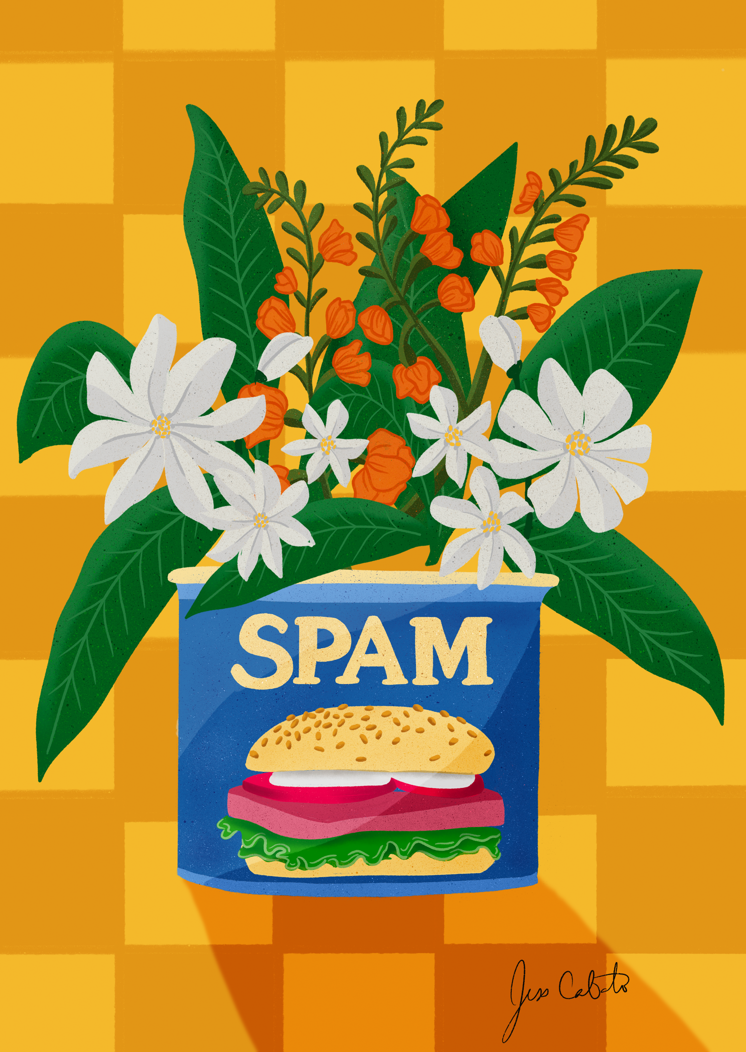 Spam can with floral bloom on an orange checkered background