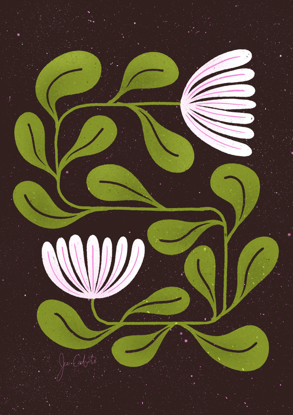 Decorative design of green leaves and white flowers on a dark background