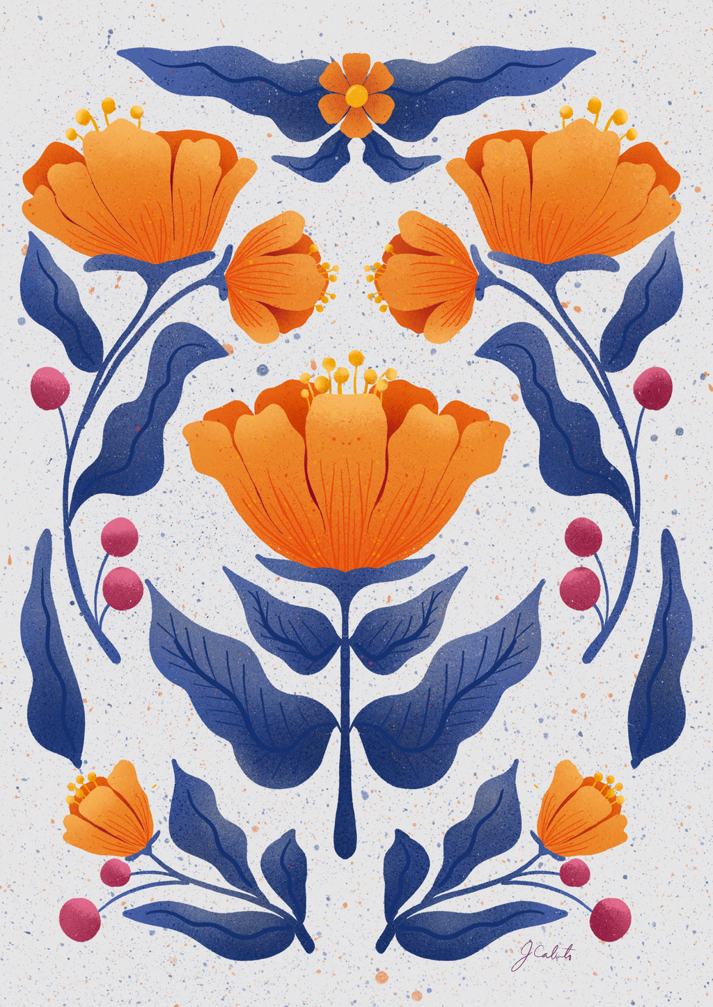 Orange and Blue flowers on a spotted white backround