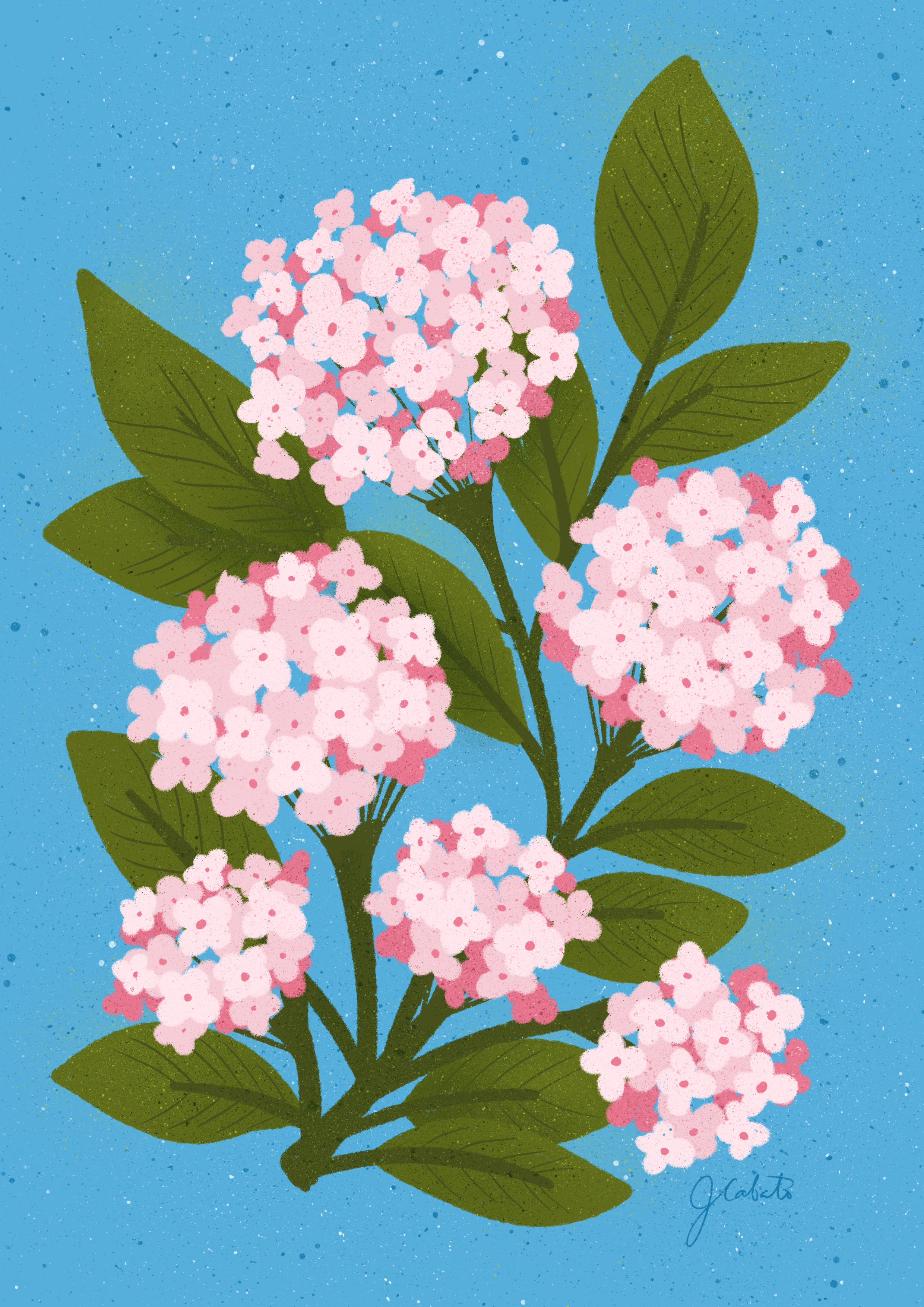 Illustration of pink flowers with green leaves on a blue background