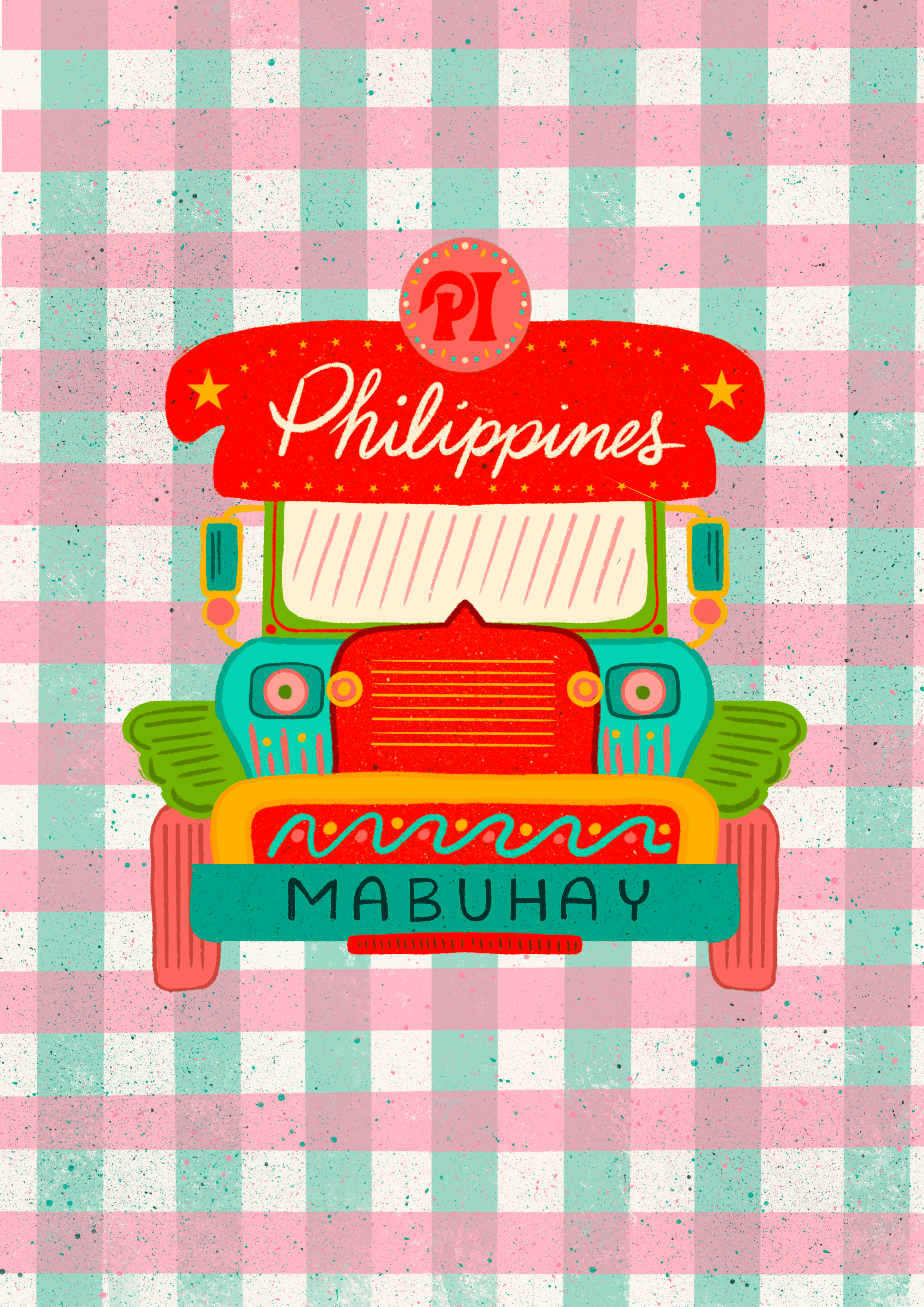 Colorful illustration of a jeep on a pink and green checkered background with 'Philippines Mabuhay' text.