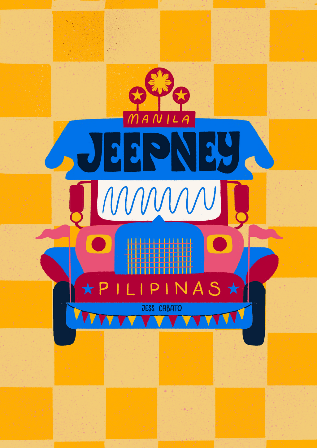 Colorful illustration of a jeepney on a yellow checkered background