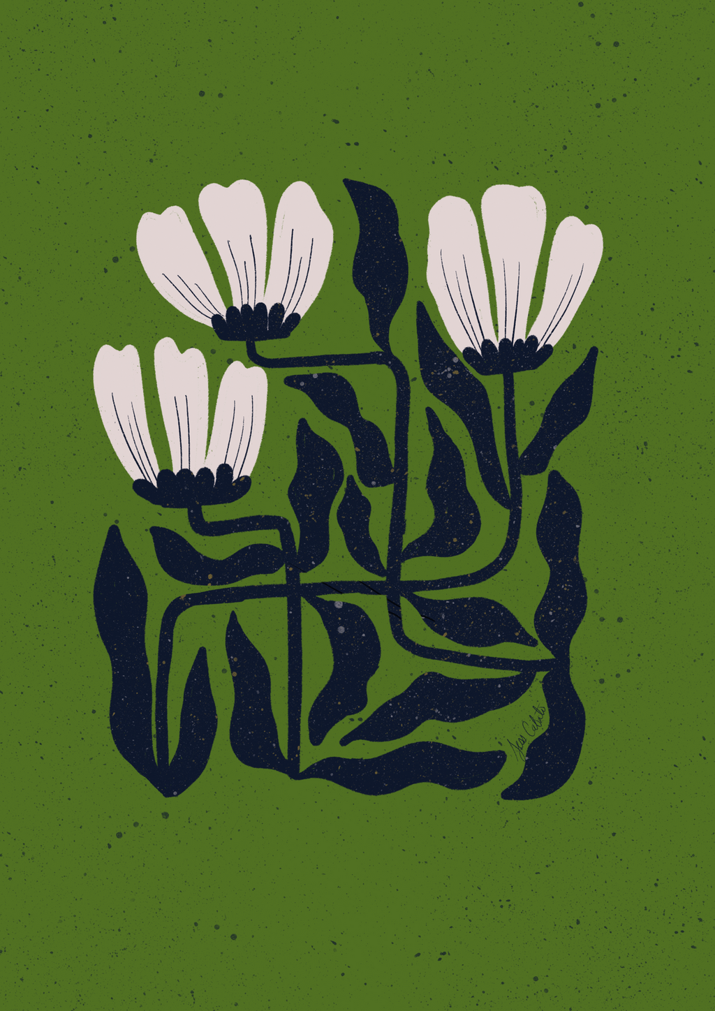 Stylized floral design with white flowers and dark green leaves on a textured green background