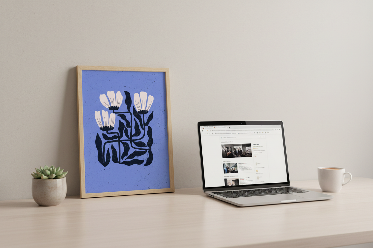 Stylized black and white floral design on a blue background