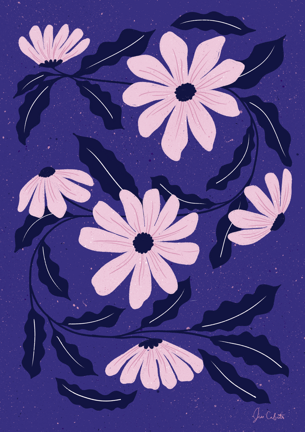 Pink flowers with dark centers on a purple background