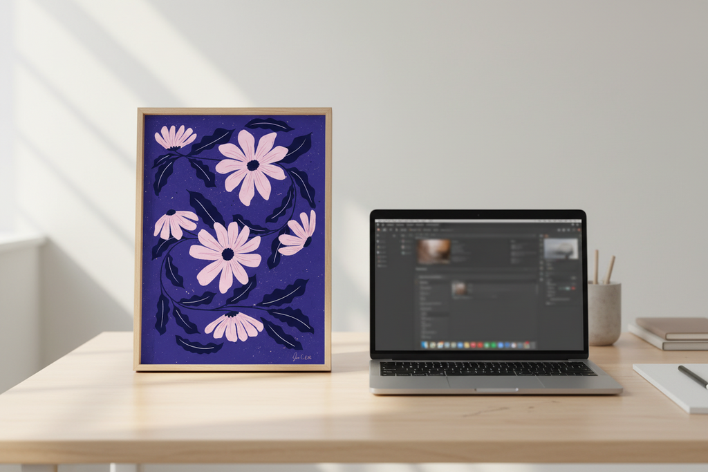 Framed floral artwork on a desk next to a laptop