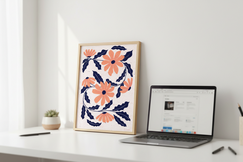 Floral pattern with orange flowers and dark blue leaves on a light background
