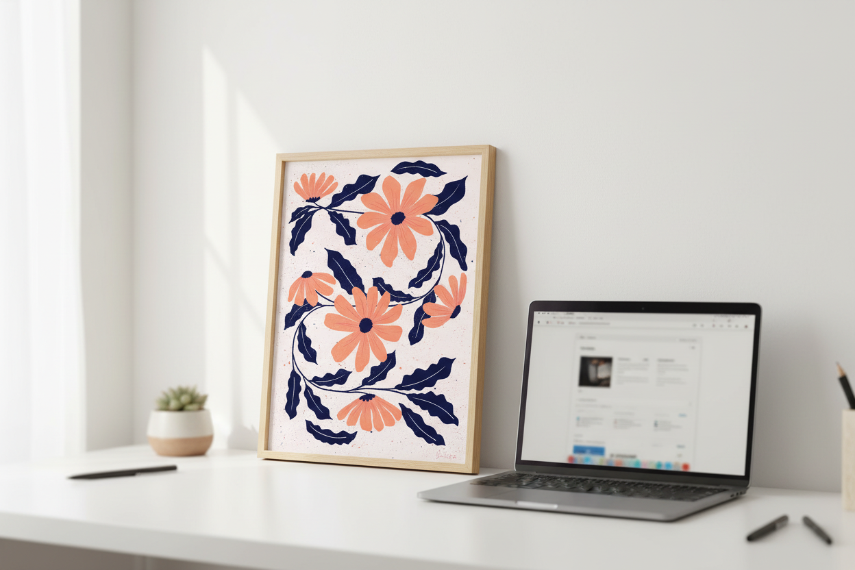 Floral pattern with orange flowers and dark blue leaves on a light background