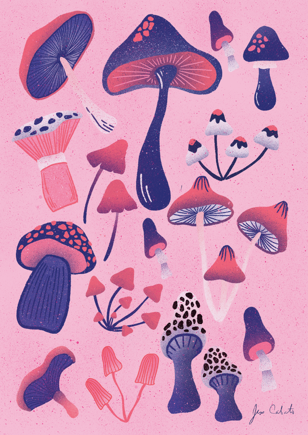 Purple mushrooms on a sparkly pink background