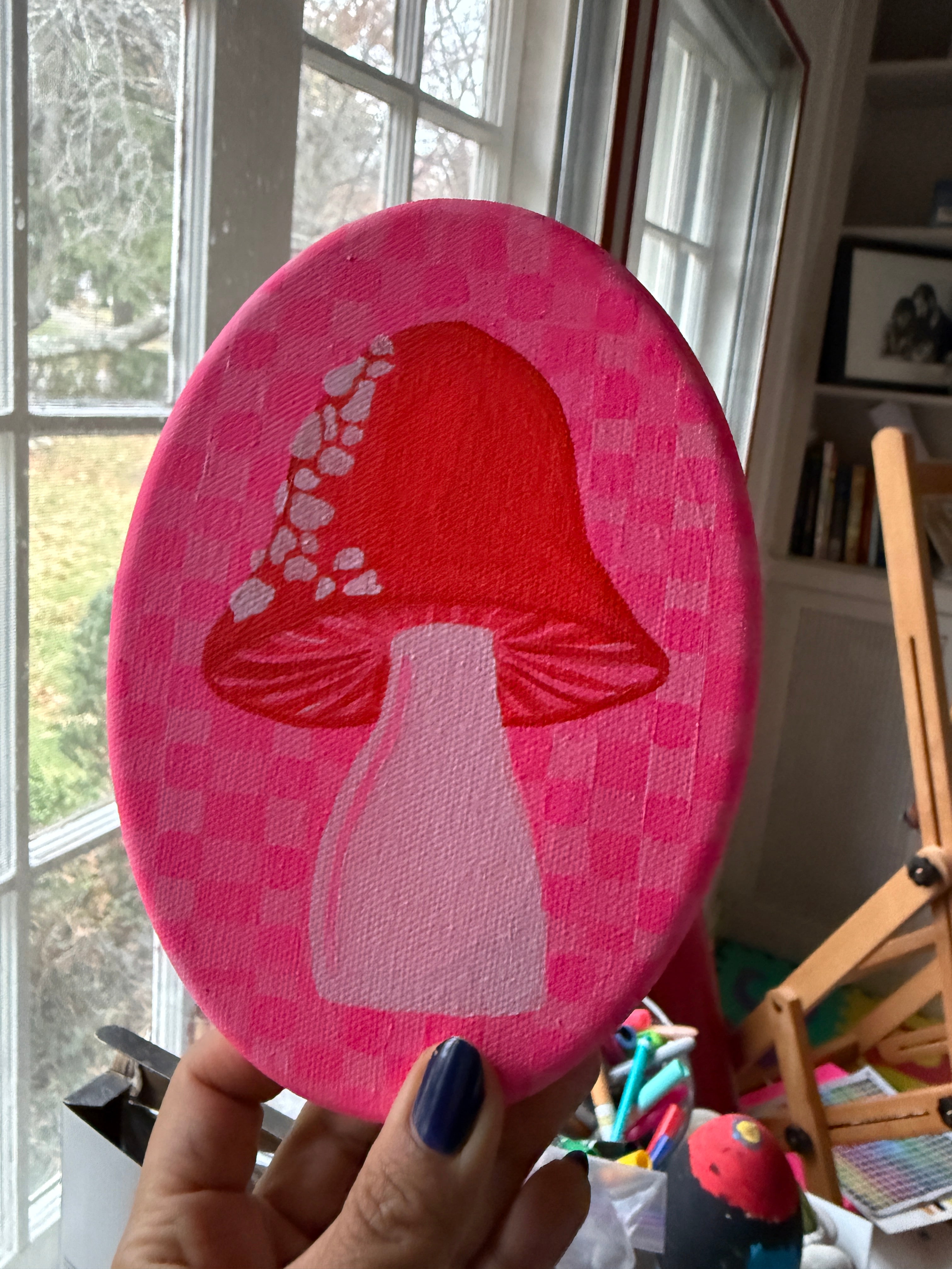 Pink Mushroom on Checkered Oval Painting