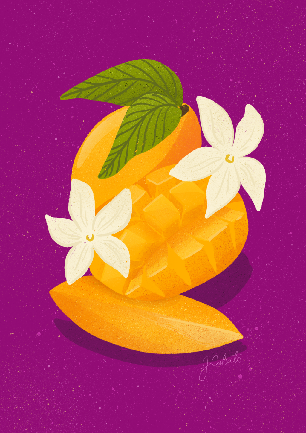 Illustration of a mango with flowers on a purple background