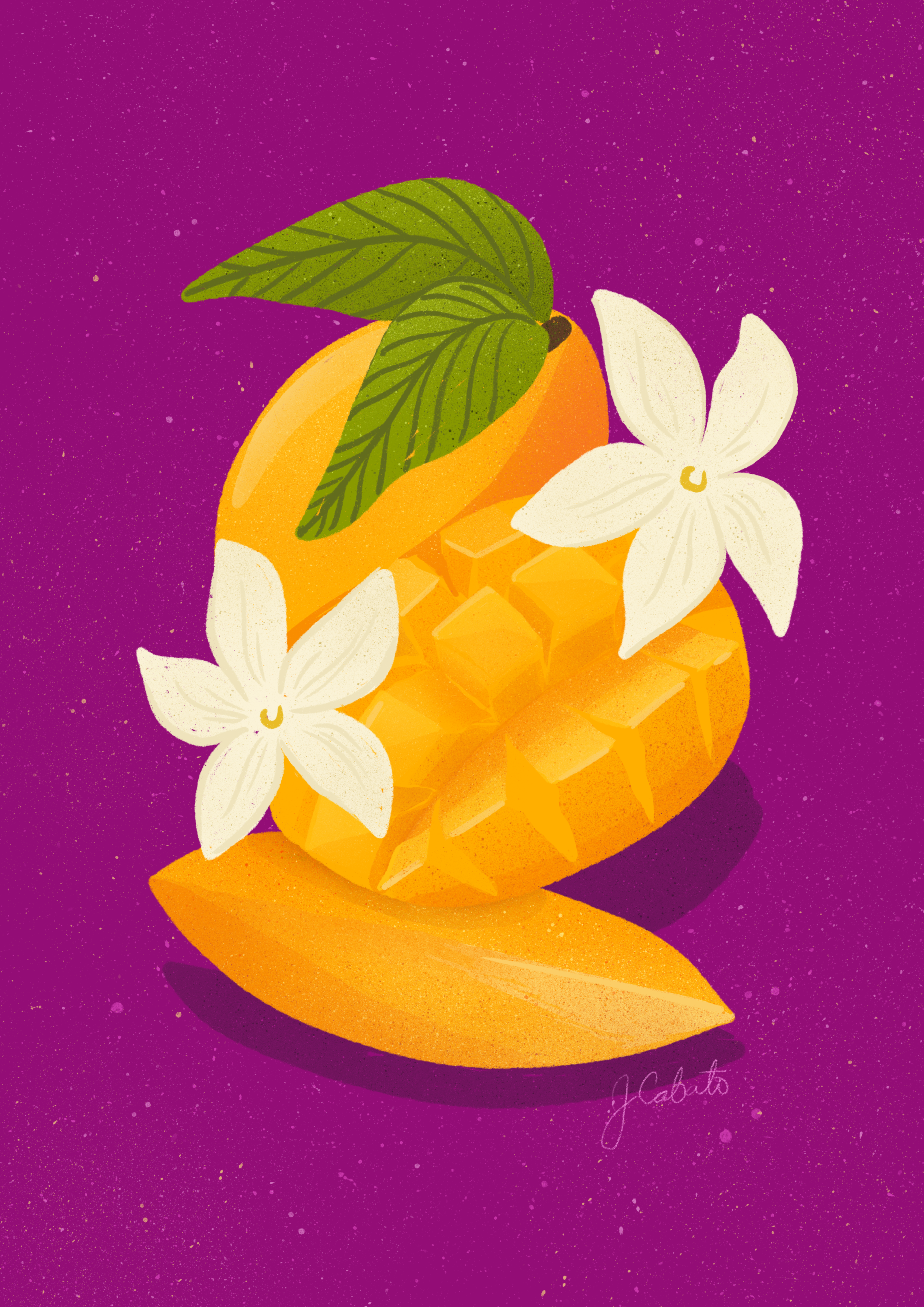 Illustration of a mango with flowers on a purple background