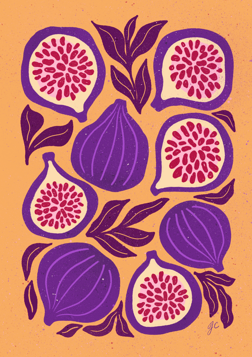 Illustration of purple figs with pink centers on a yellow background