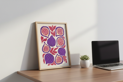 Stylized illustration of figs with purple and red colors on a beige background