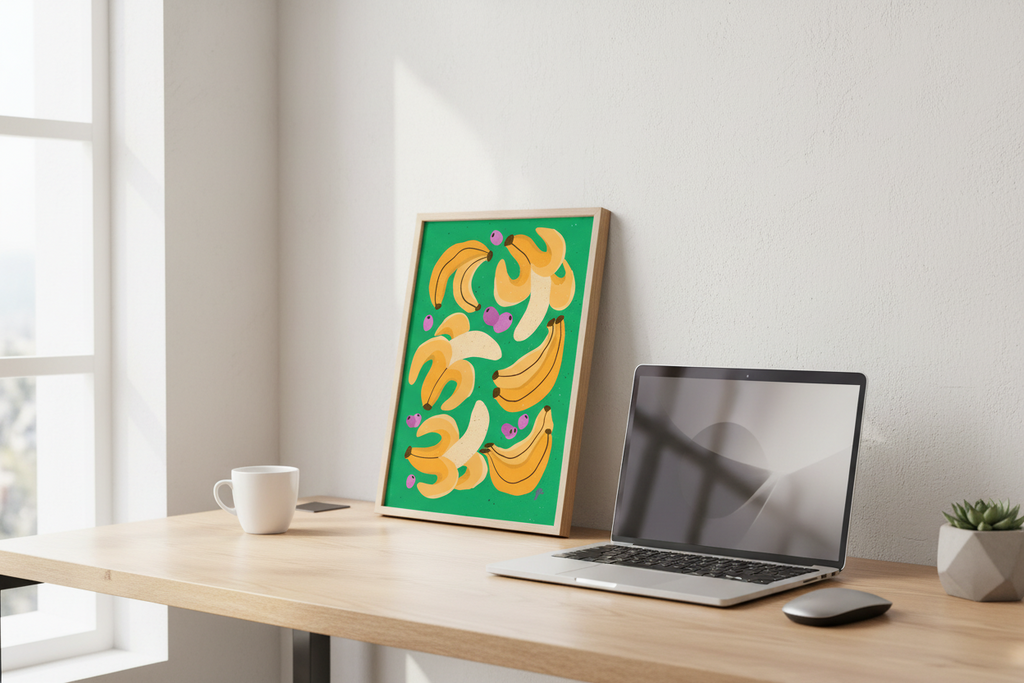 Illustration of bananas and berries on a green background