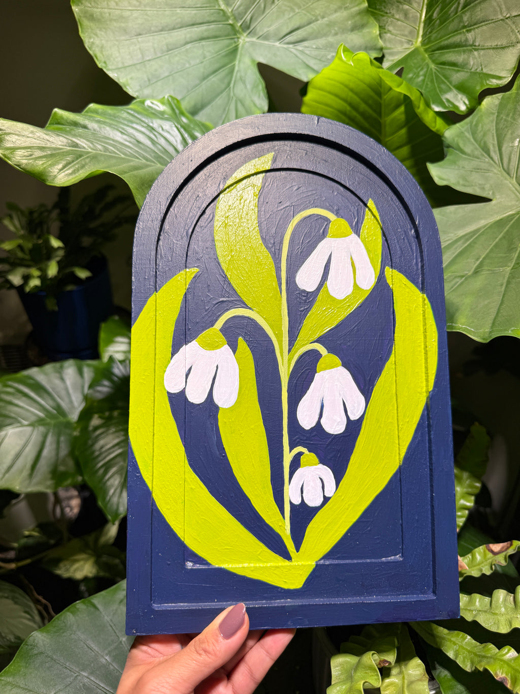 White Snowdrop on Arched Wooden Frame Painting