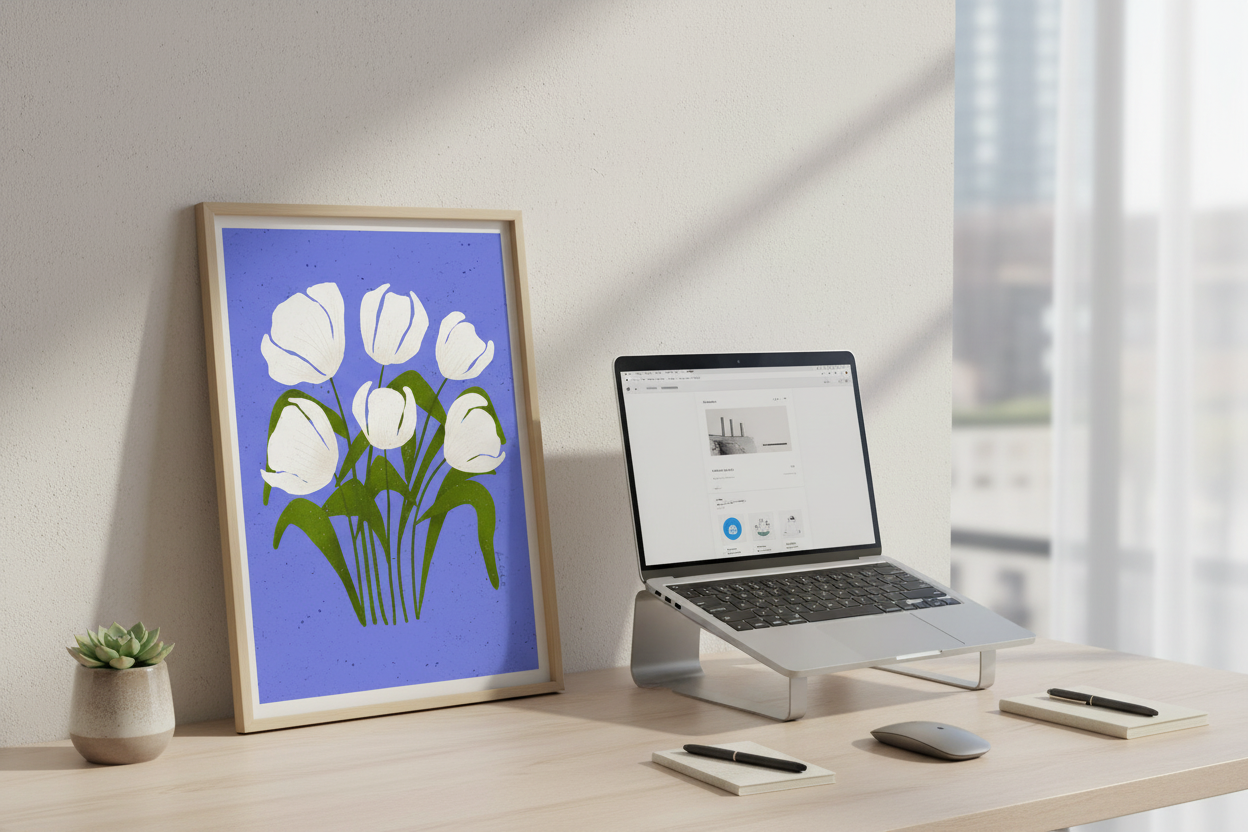 White tulips on a blue background