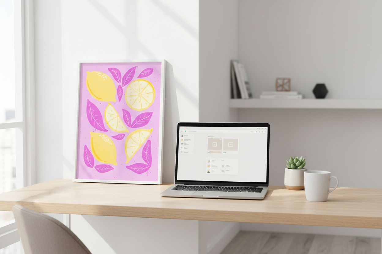 Yellow and pink lemons and leaves print