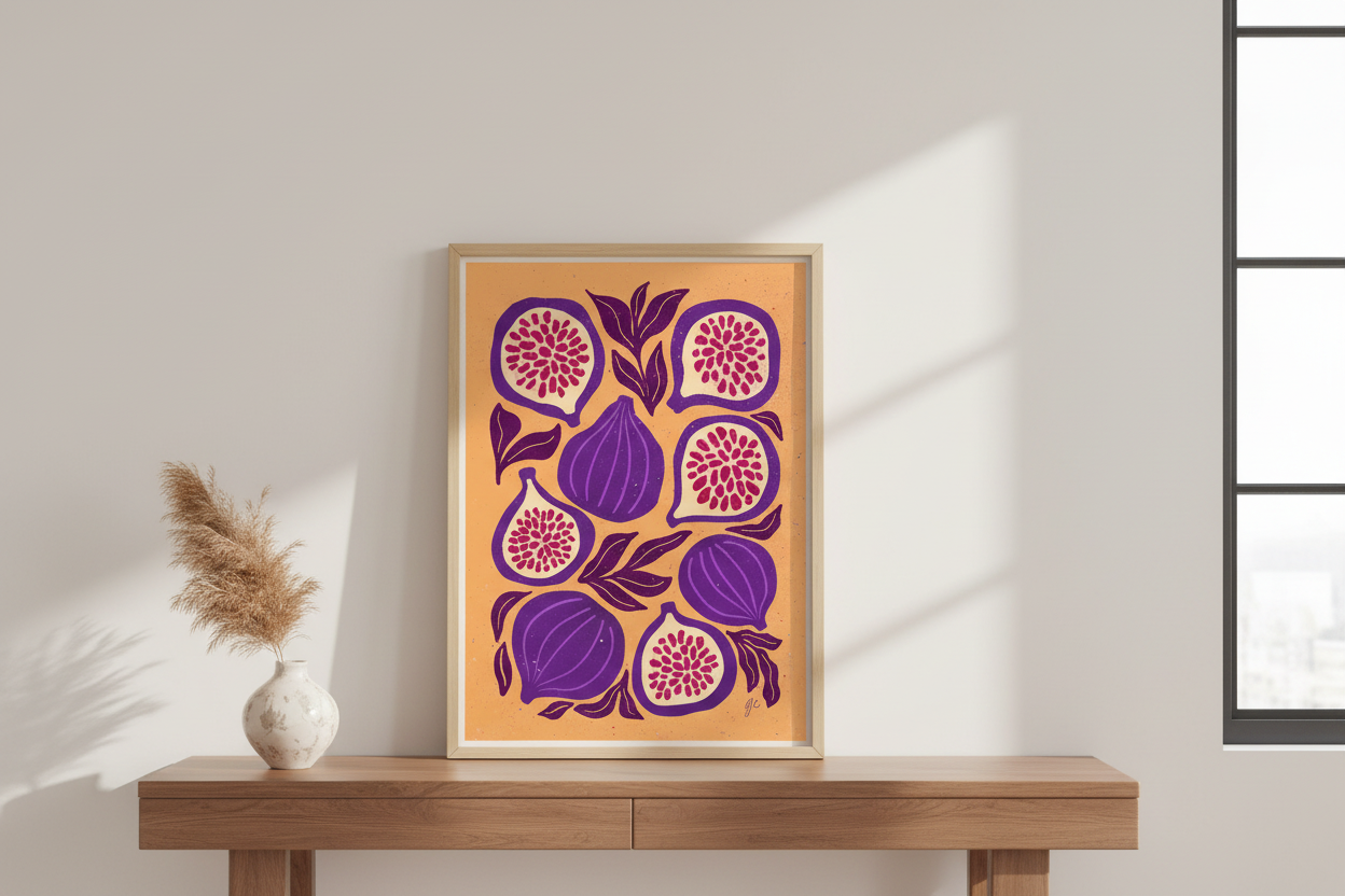 Sunset Fig Harvest Print displayed in minimalist entryway with console table