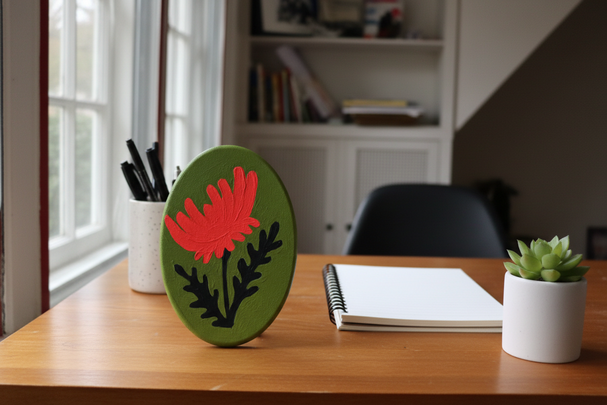 Red Chrysanthemum Painting on desk unframed showing 7x9 inch scale