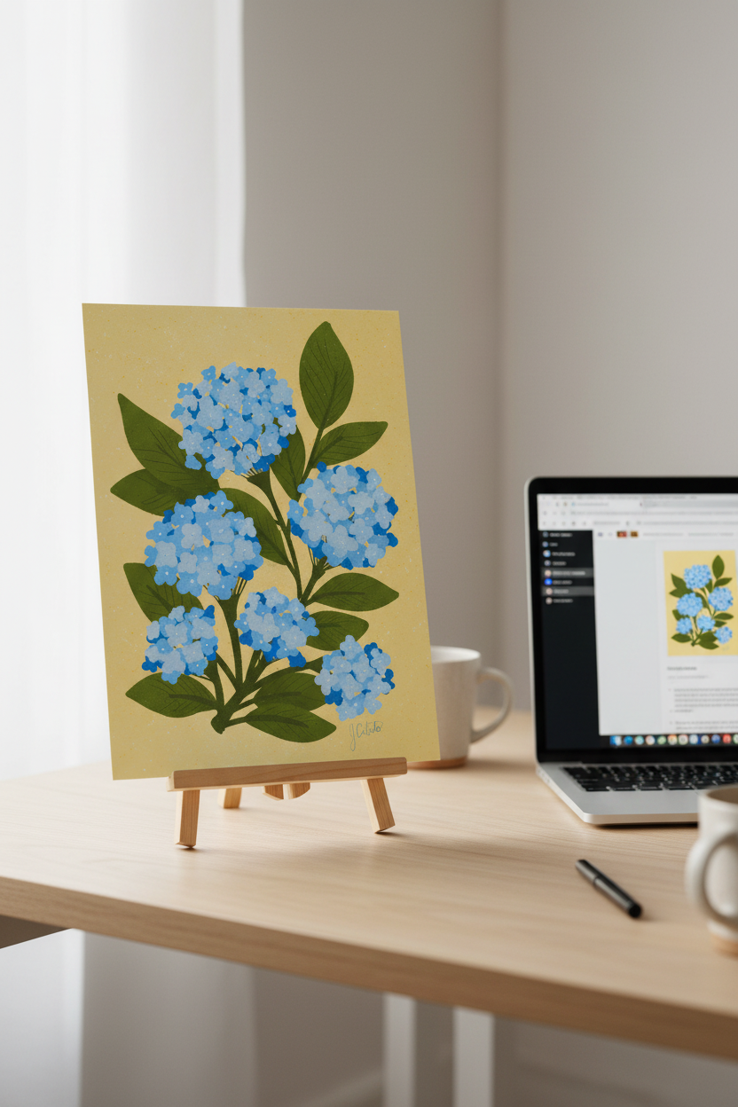 Hydrangea on Yellow print on a stand next to a laptop