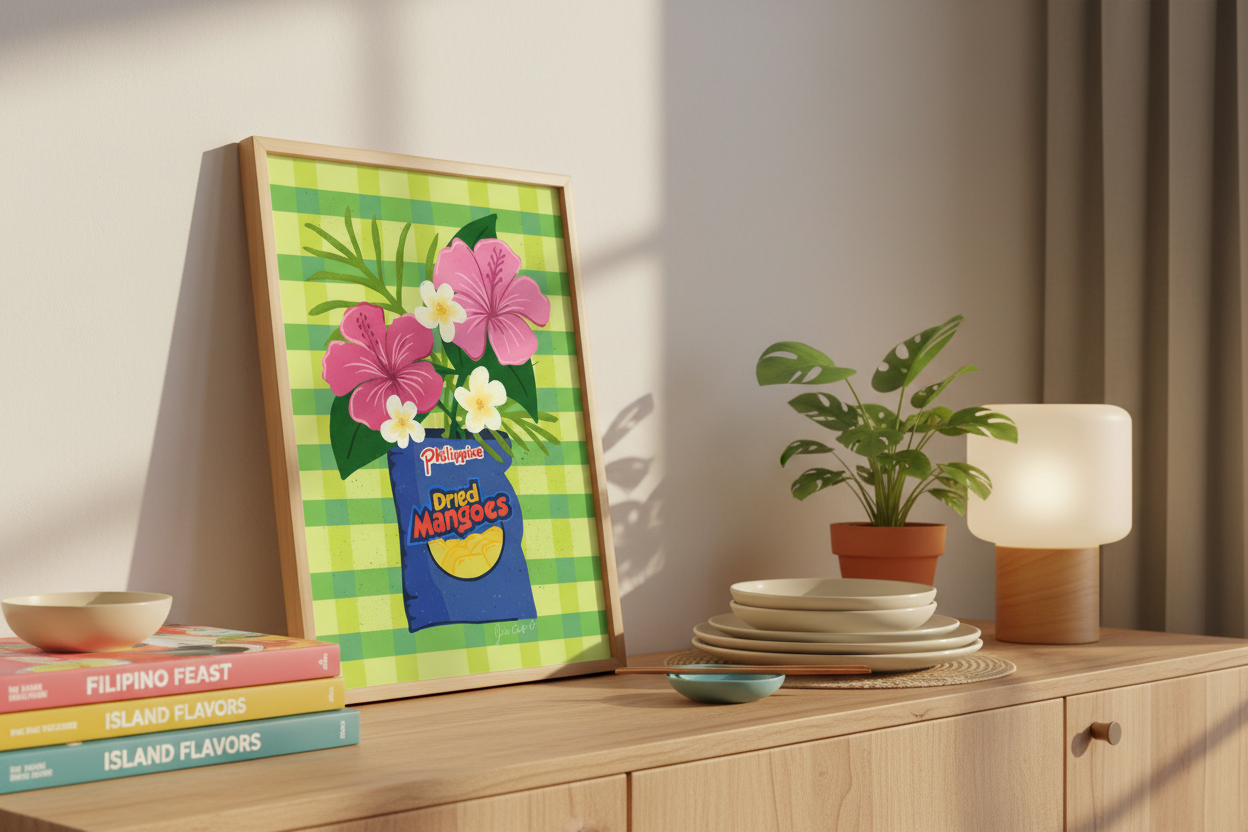 Dried Mango Vase Filipino Print on dining shelf with cookbooks showing 8x12 inch scale