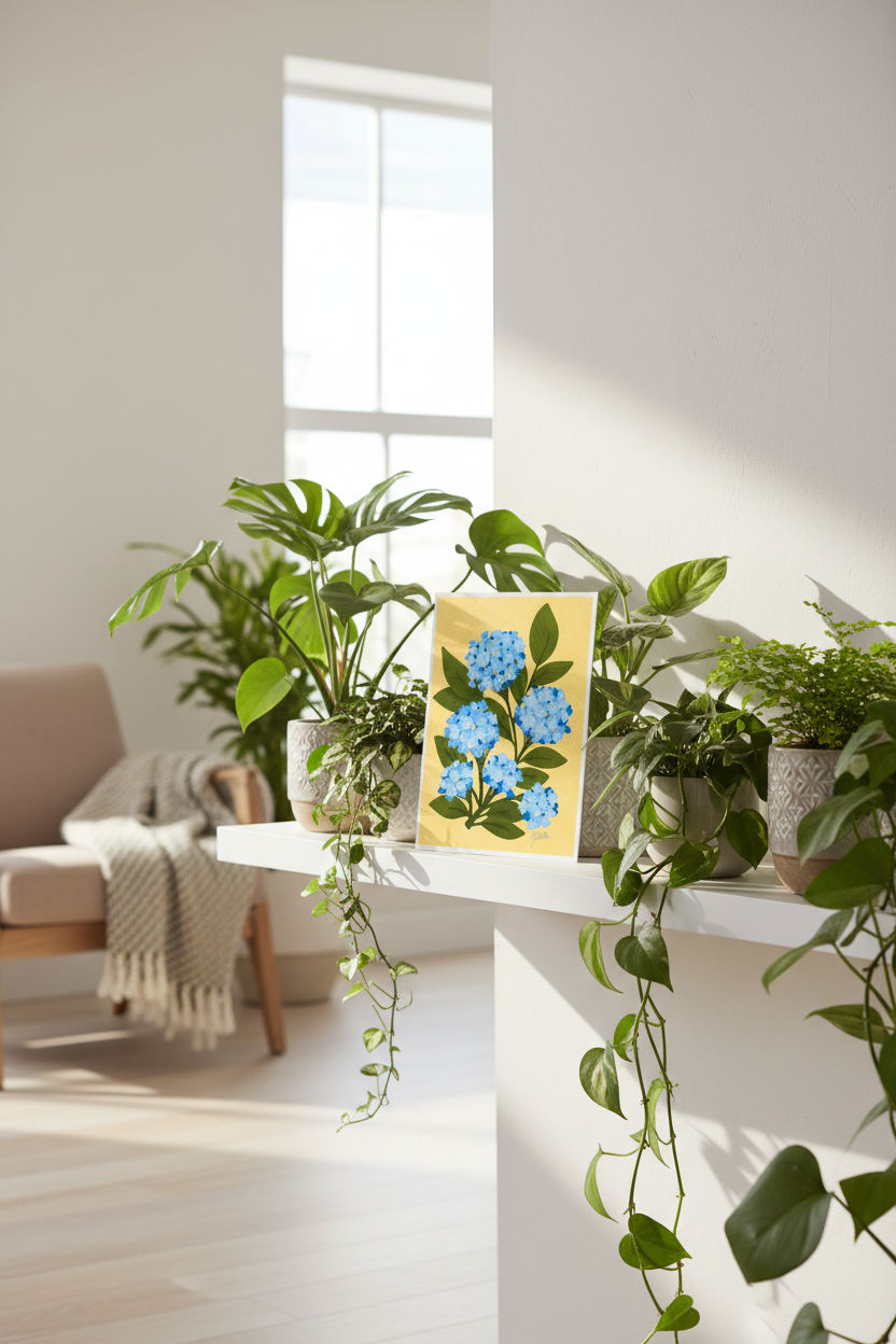 Hydrangea on Yellow print displayed with houseplants