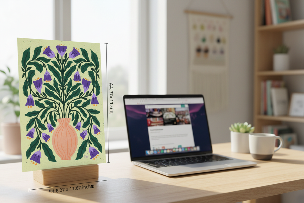 Orange Vase Purple Bloom print displayed next to a laptop