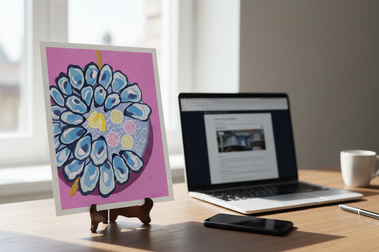 Pearl Tide Harvest print displayed next to a laptop