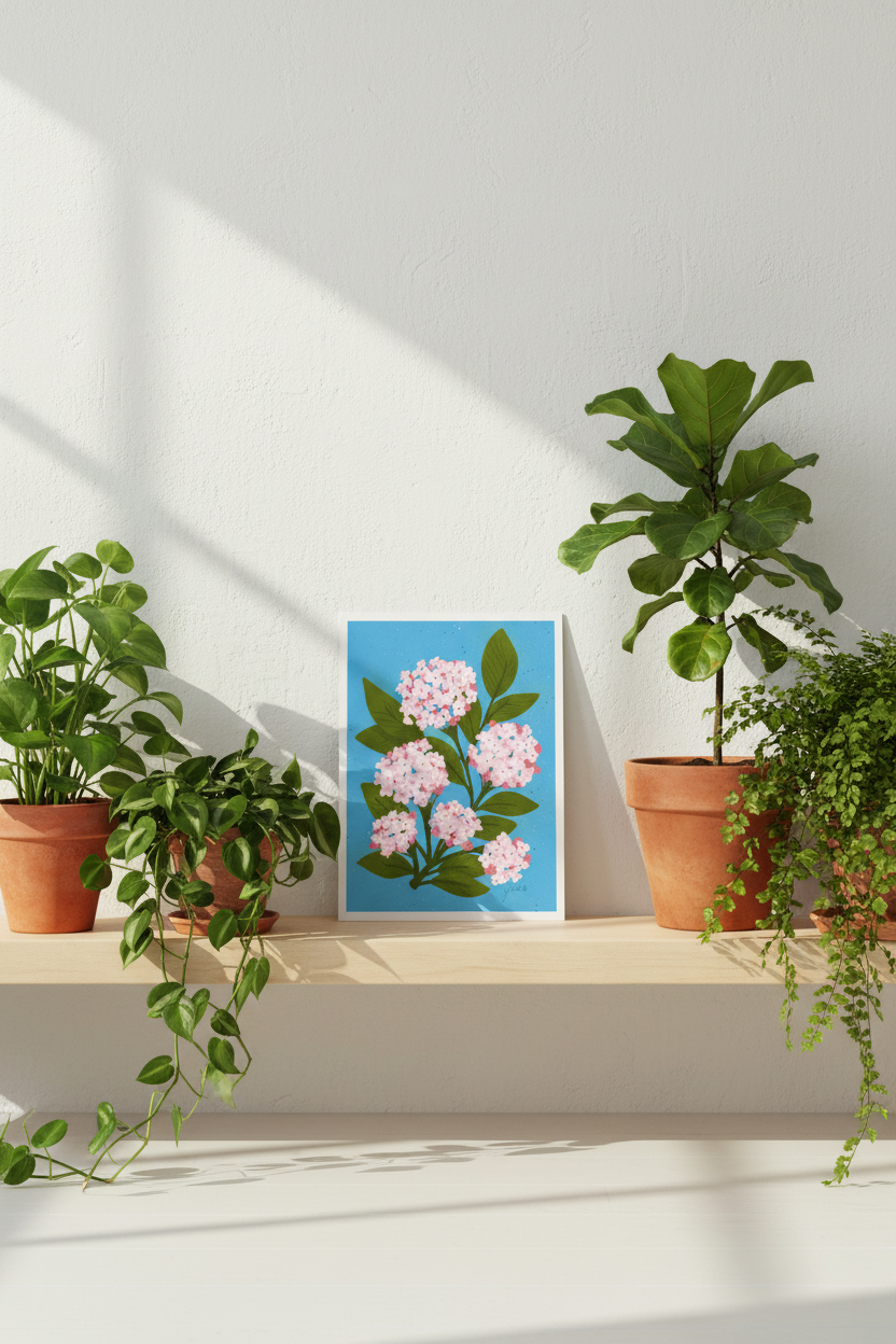 Hydrangea Bloom print displayed with houseplants