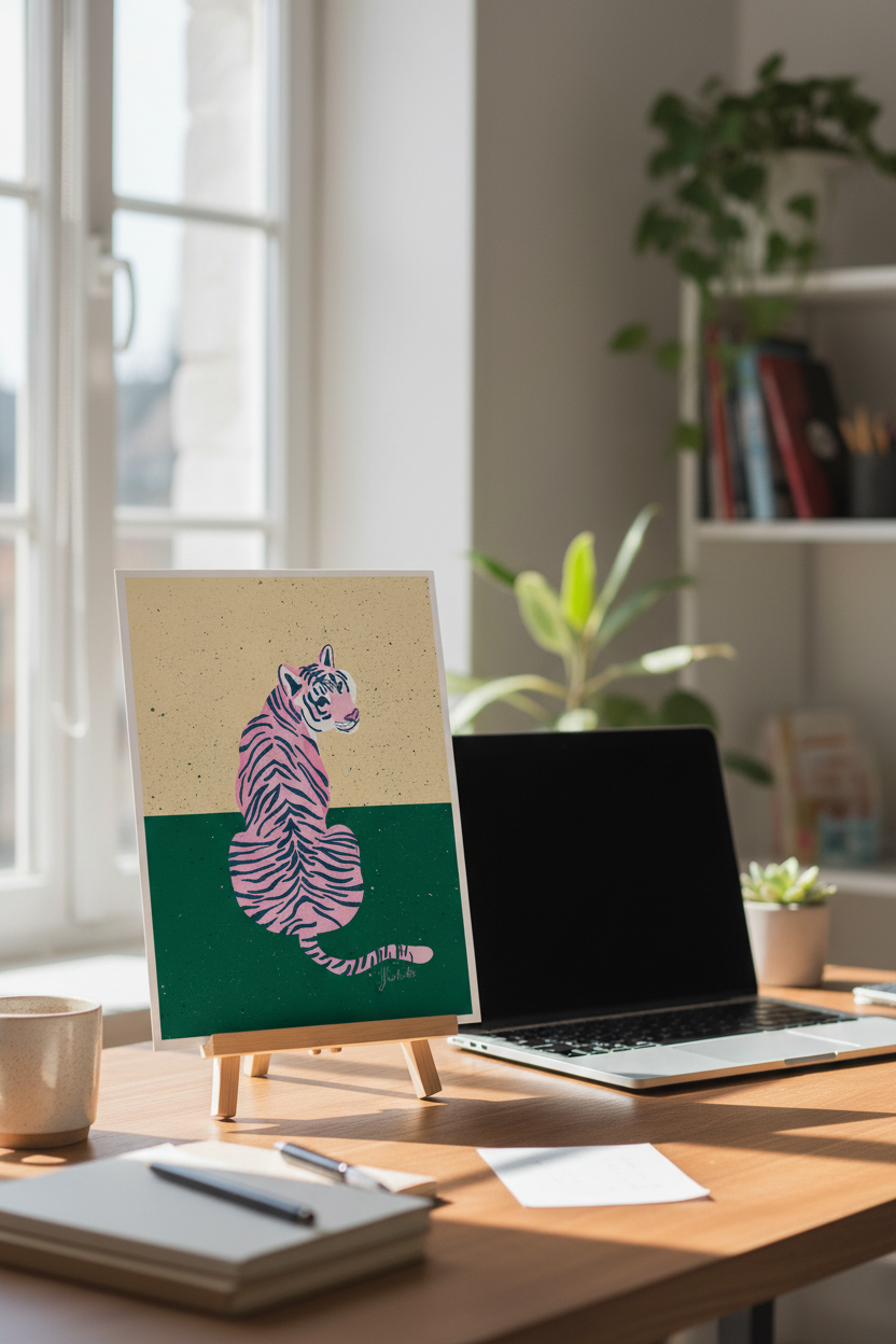 Tiger Yellow Green print on a stand next to a laptop
