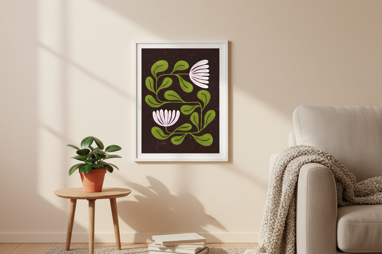 Wildflower Maze print framed in a living room