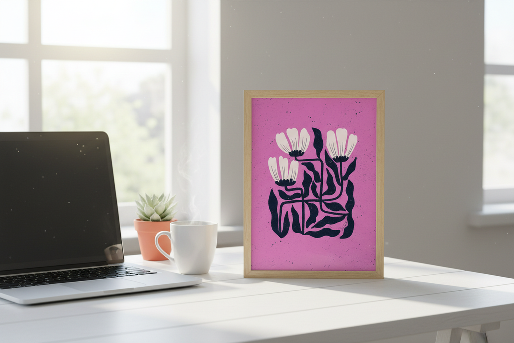 Midnight Bloom Grid Orchid Pink Print on desk next to laptop showing compact size