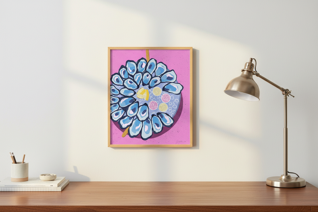 Pearl Tide Harvest print displayed next to a desk lamp