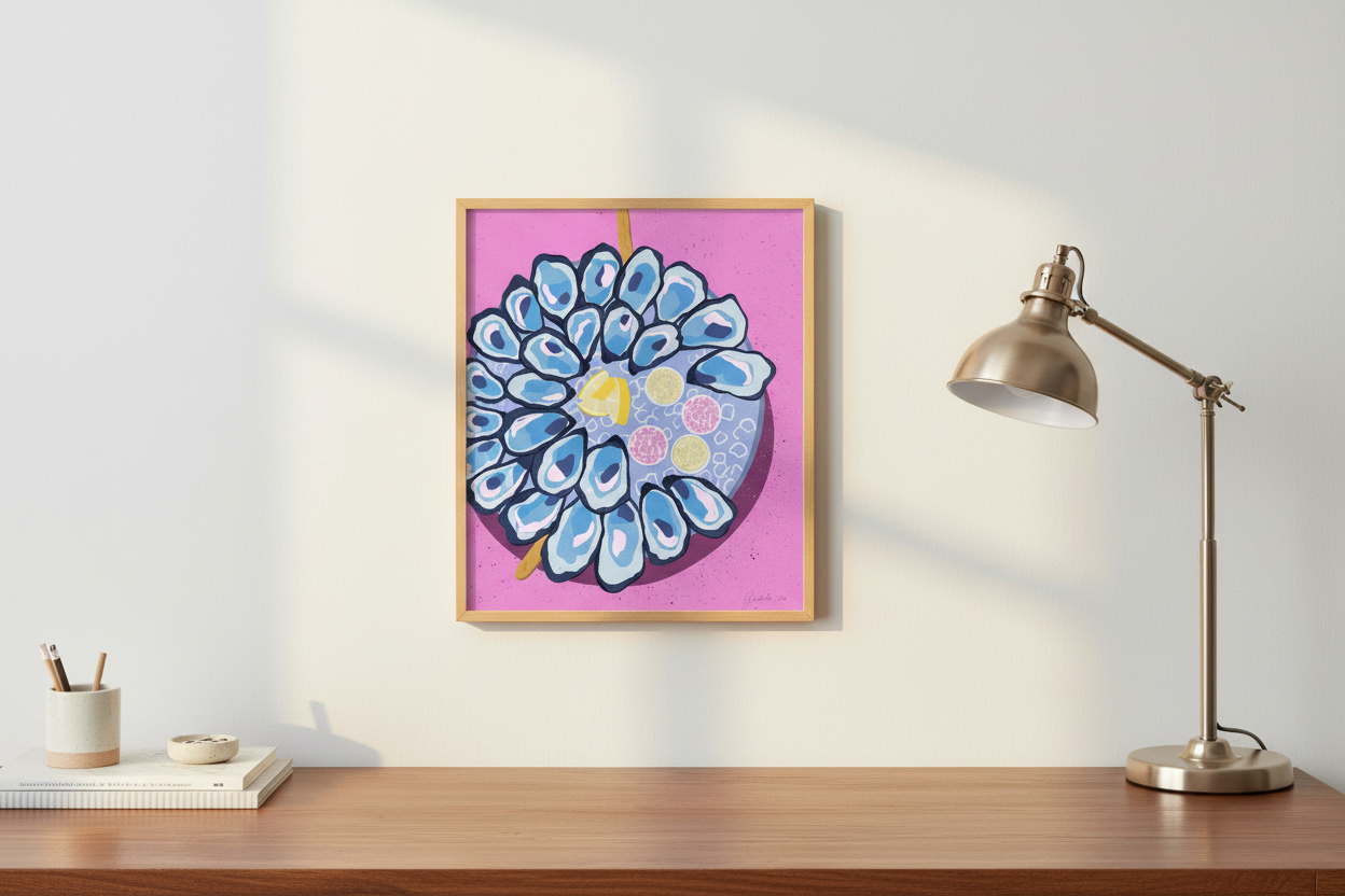 Pearl Tide Harvest print displayed next to a desk lamp