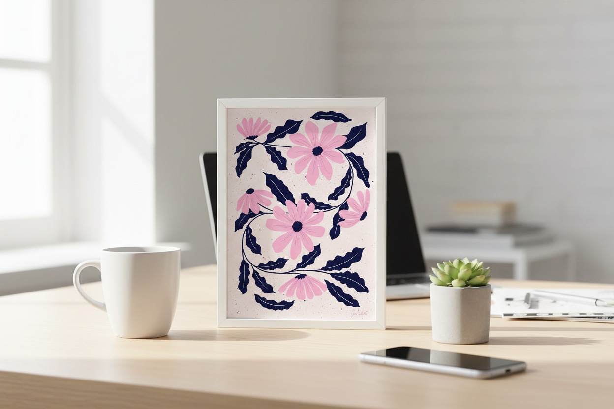 Pink Bloom Dance Print on desk with coffee mug showing 8x12 inch scale