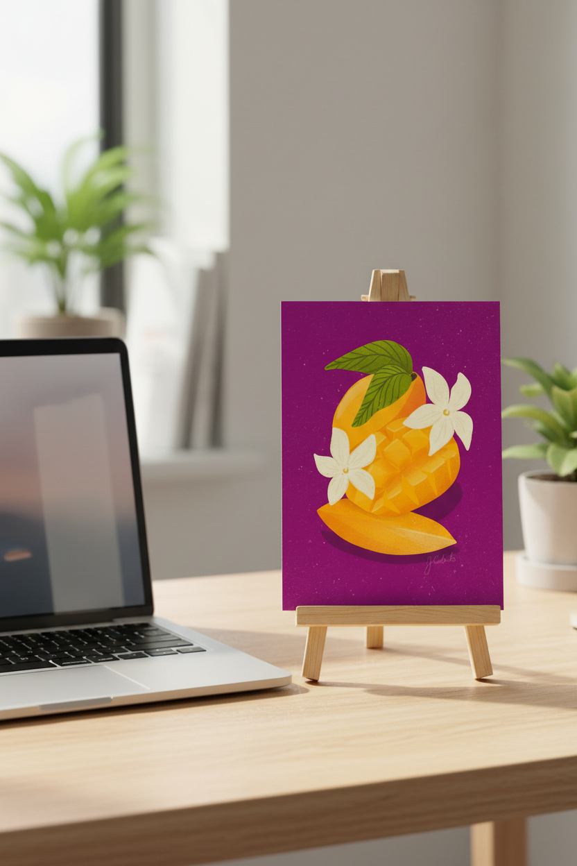 Sliced Mango Purple print on a stand next to a laptop