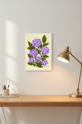 Purple Hydrangea print framed next to a desk lamp