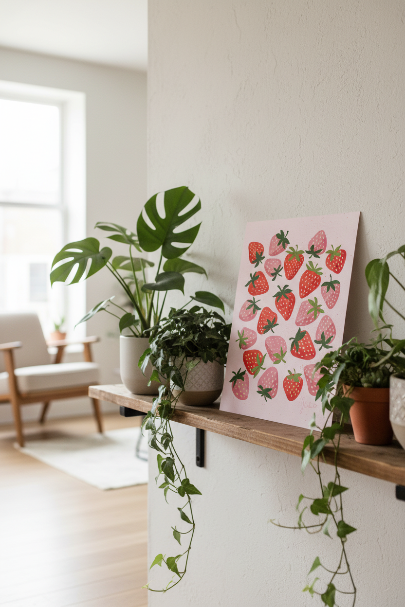 Strawberry print displayed with houseplants