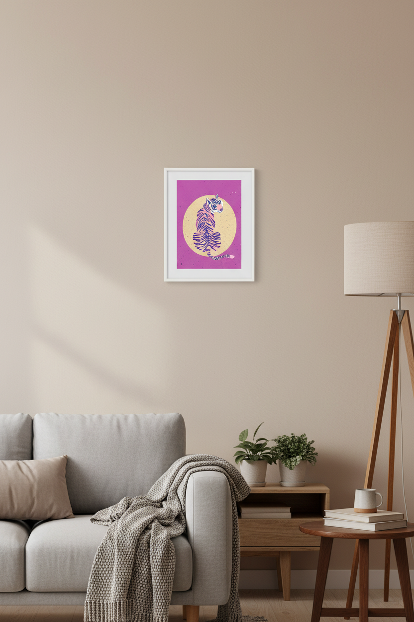 Tiger Yellow Sun print framed in a living room