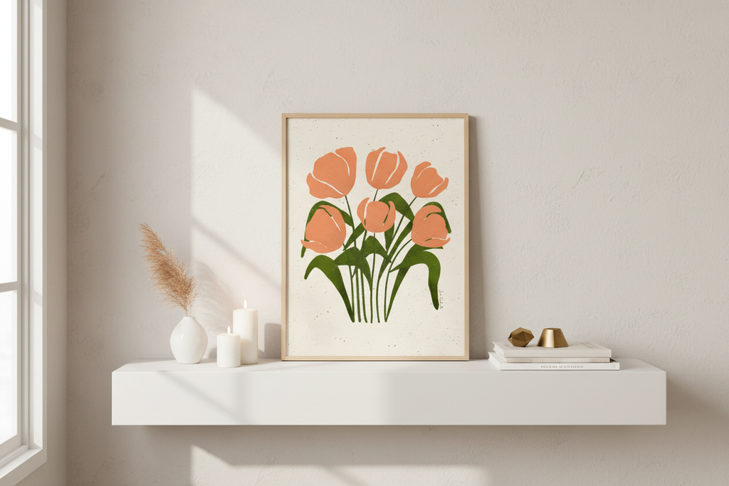Peach Tulips Soft Cream Print on shelf with books and candles showing compact size