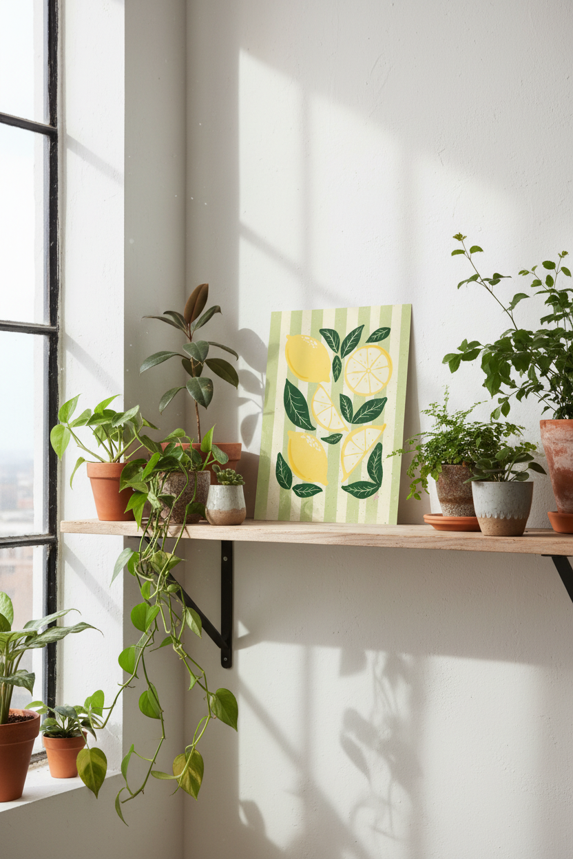 Lemon on Green print displayed with houseplants