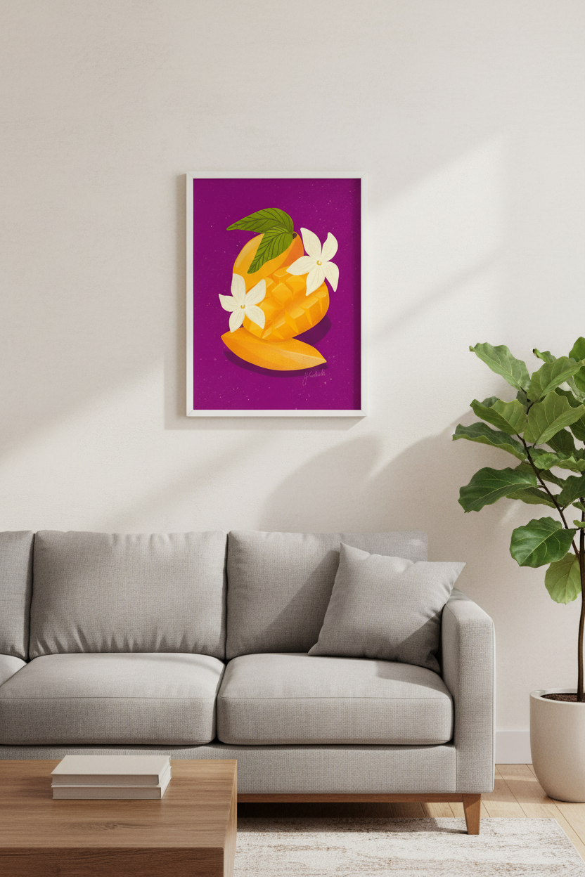 Sliced Mango Purple print framed in a living room