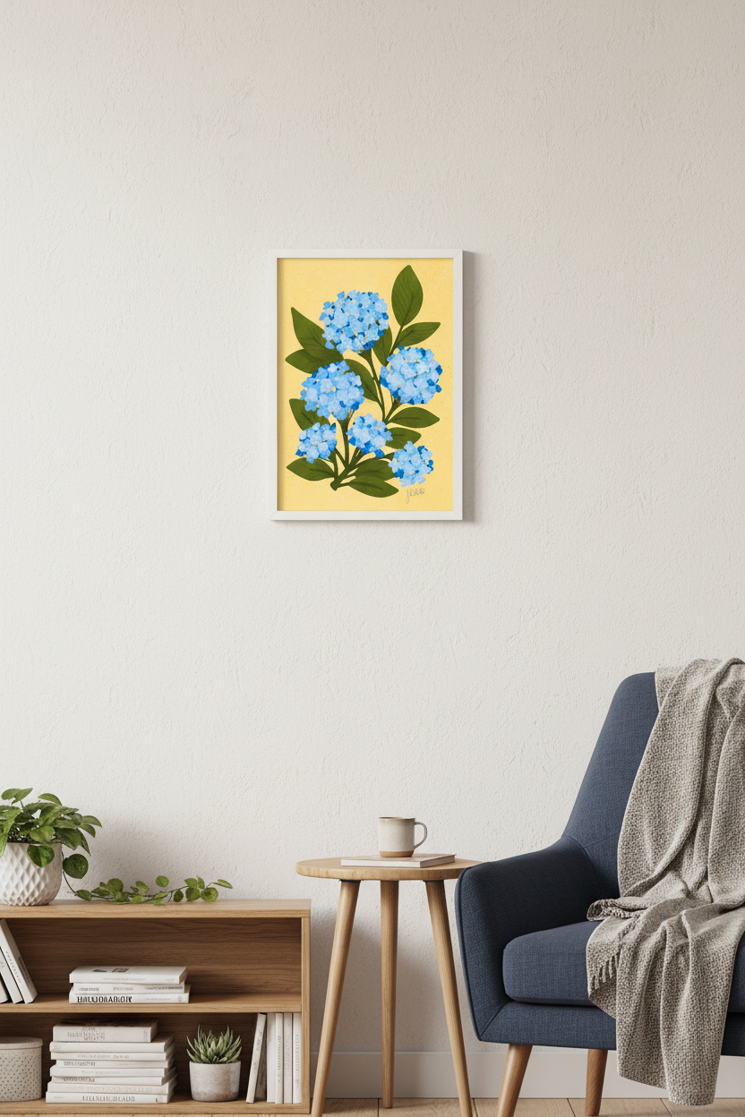 Hydrangea on Yellow print framed in a living room