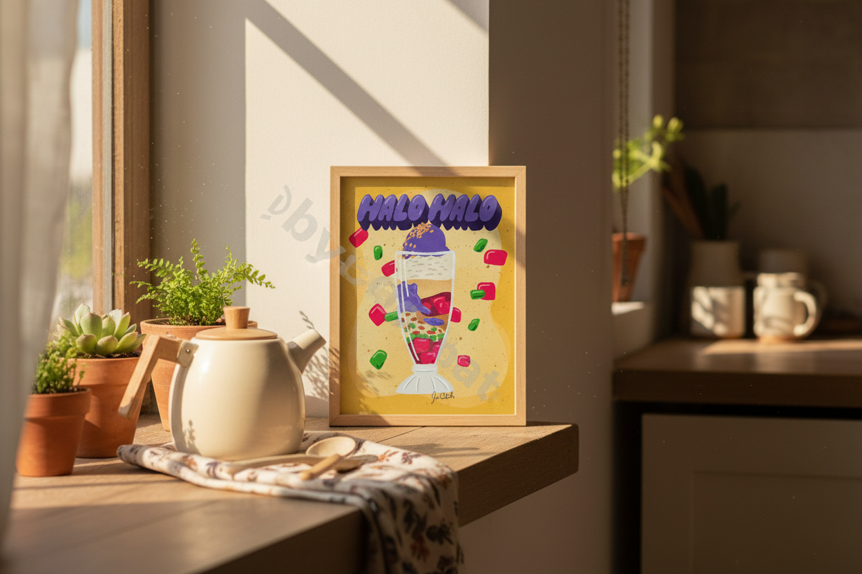 Halo Halo Magic Filipino Print on breakfast nook shelf with teapot showing 8x12 inch scale