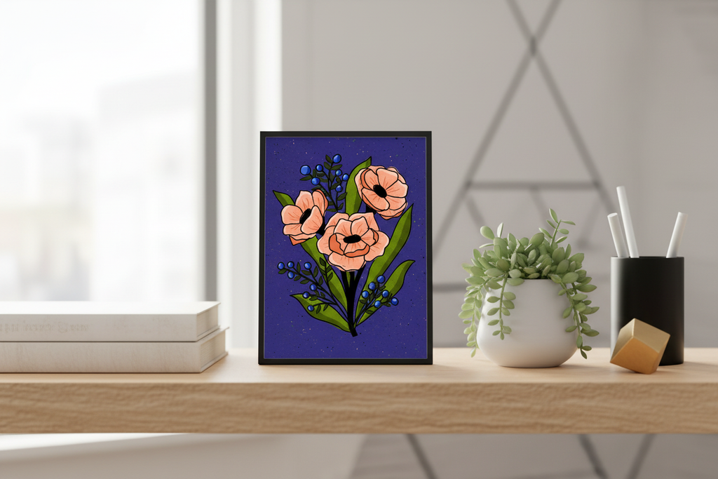 Coral Bouquet Purple Print on office shelf with books showing 8x12 inch scale