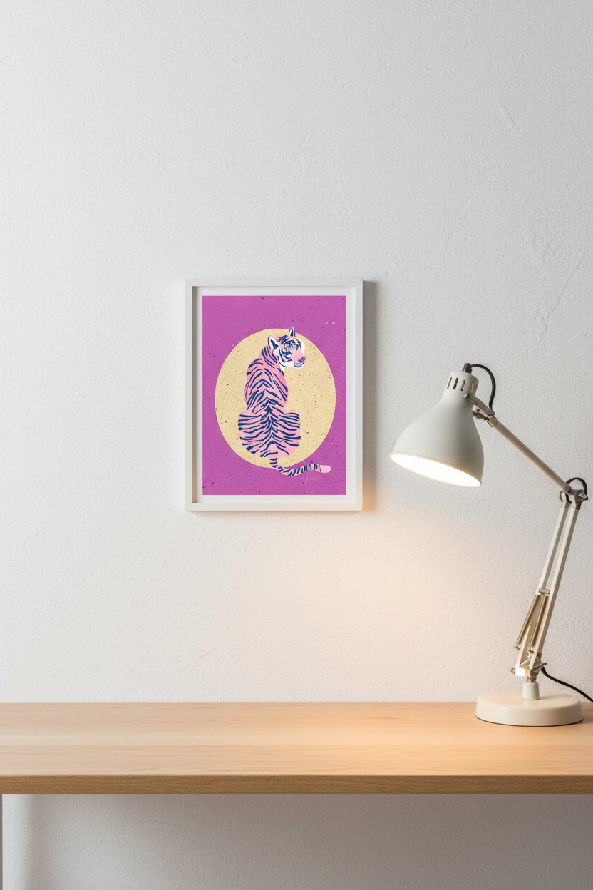 Tiger Yellow Sun print framed next to a desk lamp