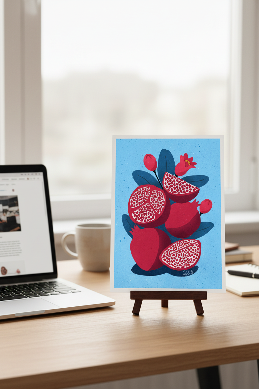 Pomegranate on Blue print on a stand next to a laptop